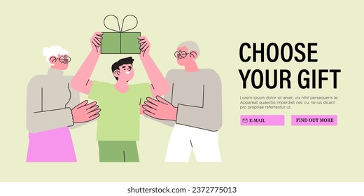 Grandparents visit their grandchildren on holidays and present him with gift box. Kid visit old grandma and grandpa. Happy grandmother, grandfather and children family vector portrait. Senior parents.