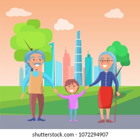 Grandparents walk with grandson at background of skyscrapers and green trees vector illustration of grandfather and grandmother with boy toddles in park