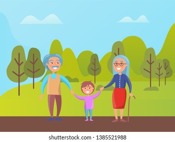 Grandparents walking in green park with grandson vector elderly people and boy. Senior grandmother and grandfather on retirement with kid in spring forest