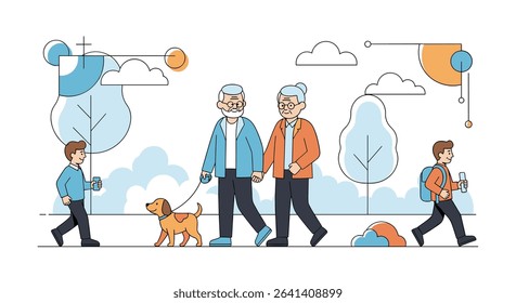 Grandparents Walking Outdoors With Grandchildren and a Dog in the Park