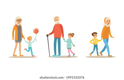 Grandparents Walking in Park and Spending Good Time with their Grandchildren Set Cartoon Vector Illustration