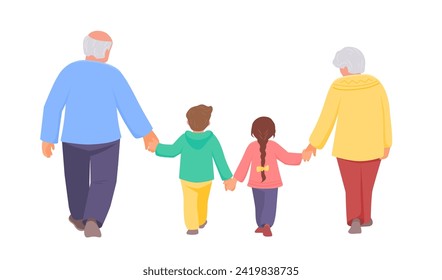 Grandparents are walking together with grandchildren. Back view. Vector isolated color illustration.	