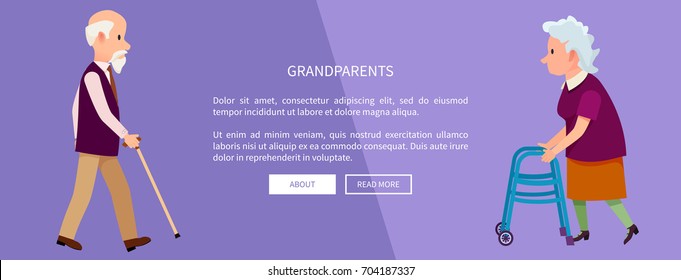 Grandparents web banner with grandpa holding walking stick and grandma with helping walkers vector illustration. Retired people in cartoon style