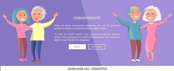 Grandparents web poster with senior couples waving hands vector illustration. Happy granny and grandpa cartoon characters in flat style