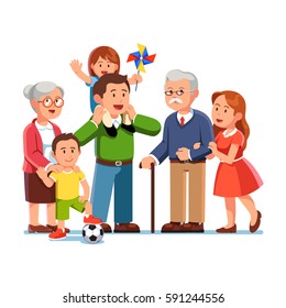 Grandparents, Young Parents And Children Standing Together. Little Daughter Sitting On Father Shoulders. Grandma Embracing Grand Son. Generations & Family Love. Flat Style Vector Illustration. 