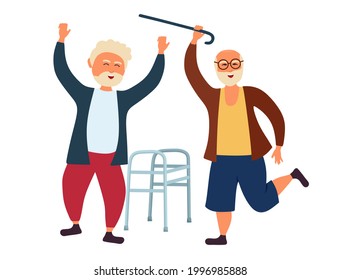 Grandpas Old People Are Dancing Throwing Away A Walking Stick And A Walker. The Older Man Is Having Fun. Vector Illustration Isolated On A White Background.