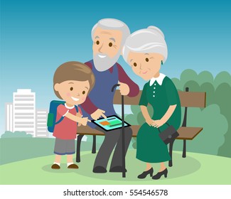 Grandson boy teach grandparents use tablet pc. Seniors elderly learning education modern technology internet computer in the city park bench grandfather grandmother son vector illustration cartoon