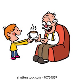 grandson bringing tea to grandpa