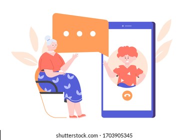 Grandson calls grandmother. Elderly lady and smartphone. Technology and communication between relatives. Vector flat illustration.