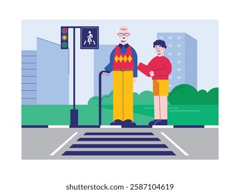 Grandson is crossing the street at a red light grandfather using a cane. Design character. Vector flat illustration