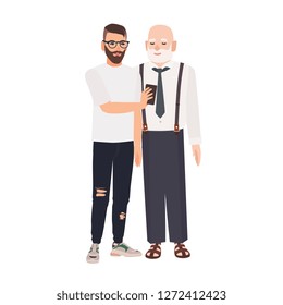 Grandson demonstrating smartphone to his grandfather. Cute smiling elderly man and young guy spending time together. Friendship between granddad and grandchild. Flat cartoon vector illustration.