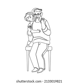 Grandson Embracing Grandparent Together Black Line Pencil Drawing Vector. Grandson Hugging Grandfather On Park Bench. Character Family Generation Relationship And Leisure Time Togetherness