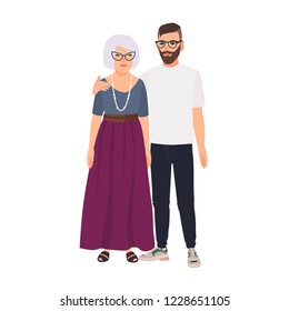 Grandson embracing his grandmother. Family portrait of old mother and adult son standing together. Adorable cartoon characters isolated on white background. Colorful vector illustration in flat style.