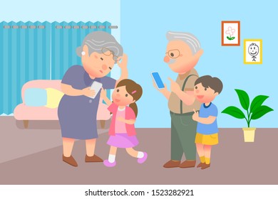 Grandson explaining to grandfather how to use smartphone, easy app for elderly illustration.