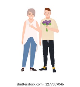 Grandson giving flower bouquet to his grandmother. Young teenage boy congratulating joyful elderly woman. Grandparent and grandchild celebrating birthday. Vector illustration in flat cartoon style.