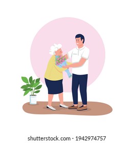 Grandson giving grandmother flowers flat color vector detailed characters. Spring holiday greeting. Mom and adult son. Mothers day isolated cartoon illustration for web graphic design and animation