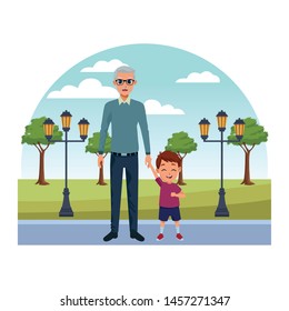 grandson and grandfather of hand in city park with trees and streetlights scenery vector illustration graphic design