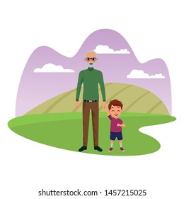 grandson and grandfather holding hands isolated in nature park outdoors scenery background ,vector illustration graphic design.