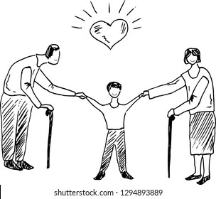 Grandson with grandma and grandpa. Hand drawn illustration.