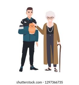 Grandson and grandmother petting little dog. Family portrait of old lady and teenage boy standing together. Adorable cartoon characters isolated on white background. Colorful flat vector illustration.