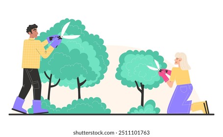 Grandson and grandmother trim the bushes in the garden