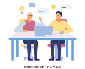 Grandson helping granddaddy working with computer teaching how to use social network. Elder man learning modern electronic device. Grandparent educating how to use internet. Flat cartoon vector