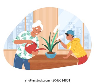 Grandson helping his grandmother with housework, flat vector illustration. Happy grandma and grandkid spending time together doing household chores. Grandparent and grandchild relationships.