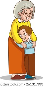 Grandson hugging his grandmother. Vector illustration of a flat design