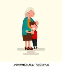 Grandson hugging his grandmother. Vector illustration of a flat design