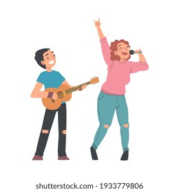 Grandson Playing Guitar and His Grandma Singing, Grandparent Spending Good Time with Grandchild Cartoon Style Vector Illustration