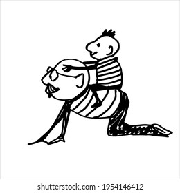 The grandson plays with the grandfather. A hand-drawn sketch, doodle. Vector illustration