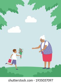 The grandson runs with flowers and a gift to his grandmother. Holiday. The boy is glad that he saw his grandmother. Spring and summer seasons. Elderly woman with glasses. Flat vector illustration.