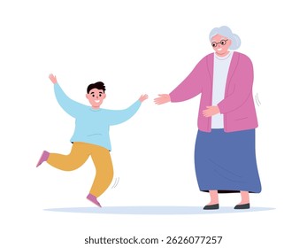 Grandson runs joyfully to his grandmother. Meeting of old woman and boy. Happy family. Vector flat graphics.
