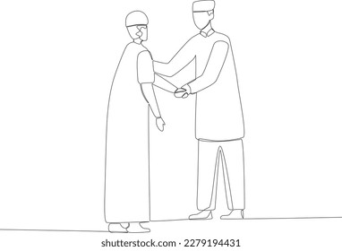 A grandson shaking hands with his grandfather. Silaturahim one-line drawing