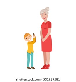 Grandson Showing Smartphone To Grandmother, Part Of Grandparent And Grandchild Passing Time Together Set Of Illustrations