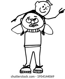 The grandson sits on the shoulders of his grandfather. A hand-drawn sketch, doodle. Vector illustration