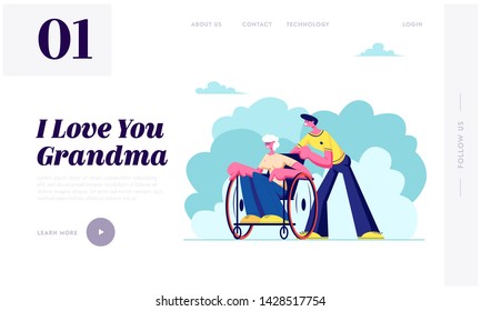 Grandson Spend Time with Disabled Grandma. Social Worker Care of Sick Senior Woman in Wheelchair, Family Relations, Healthcare, Website Landing Page, Web Page. Cartoon Flat Vector Illustration, Banner