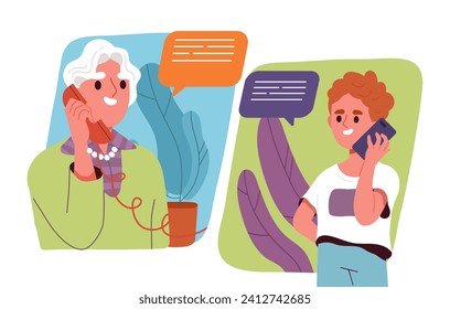 Grandson talking grandmother at phone. Boy call grandma. Communication between two generations, good relations in family. Cartoon flat vector illustration isolated on white background