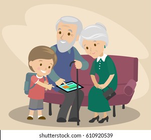 The grandson teaches grandfather and grandmother to use the tablet. Help the elderly. modern technologies. Vector illustration