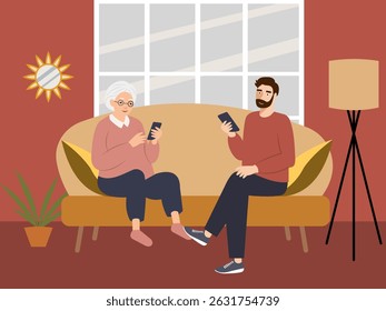 Grandson teaching his gran how to use smartphone. Teaching seniors to use smartphones concept	