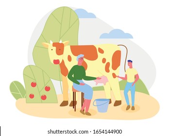 Grandson, Trying to Milk Spotted Cow Under Grannys Guidance in Open. Teenage Boy, Spending Summer with His Beloved Grandmother, Living in Country House. Bushes with Red Ripe Fruit in Garden.