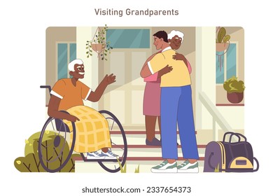 Grandson visiting grandparents. Happy grandpa and grandma welcoming their adult grandchild. Senior woman hugging a man. Flat vector illustration