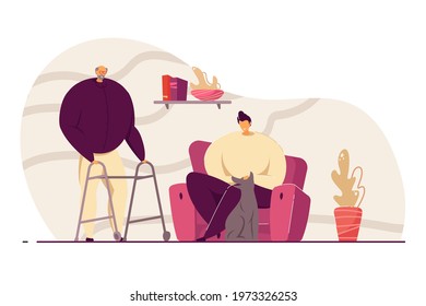Grandson visiting his grandfather at home flat vector illustration. Old man with walking frame, young boy with dog in armchair. Assistance, family concept for banner, website design or landing page