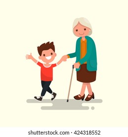 Grandson walking with his grandmother. Vector illustration of a flat design