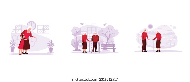 Grandson's moment was hugging grandma, an elderly couple spending time together in the park with the help of a walker. Elderly couples devote time on the beach together and look at each other. 