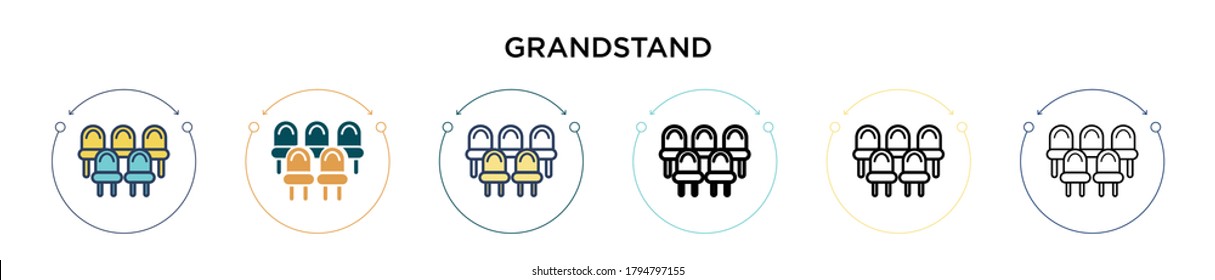 Grandstand icon in filled, thin line, outline and stroke style. Vector illustration of two colored and black grandstand vector icons designs can be used for mobile, ui, web