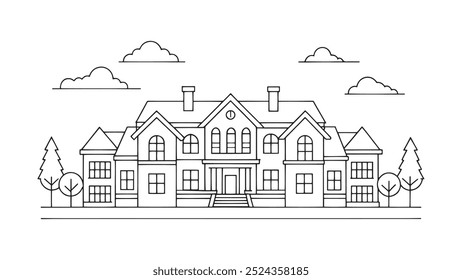 Grandview Estate continuous line art isolated flat vector illustration on white background