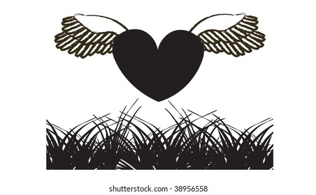 Grange black heart and grass. Vector Illustration.