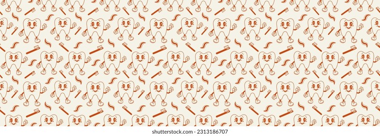 Grange cartoon teeth characters. Tooth concept.Background for poster,fabric print,wrapping paper.Seamless vector pattern