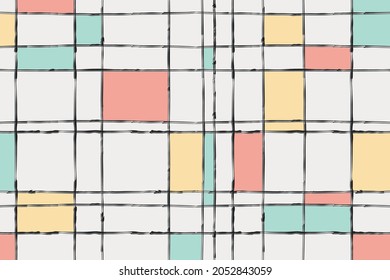 Grange ink brush lines banner. Editable poster of geometriacal grid. Colorful squares in pastel color palette. White, rectangle background. Vector 